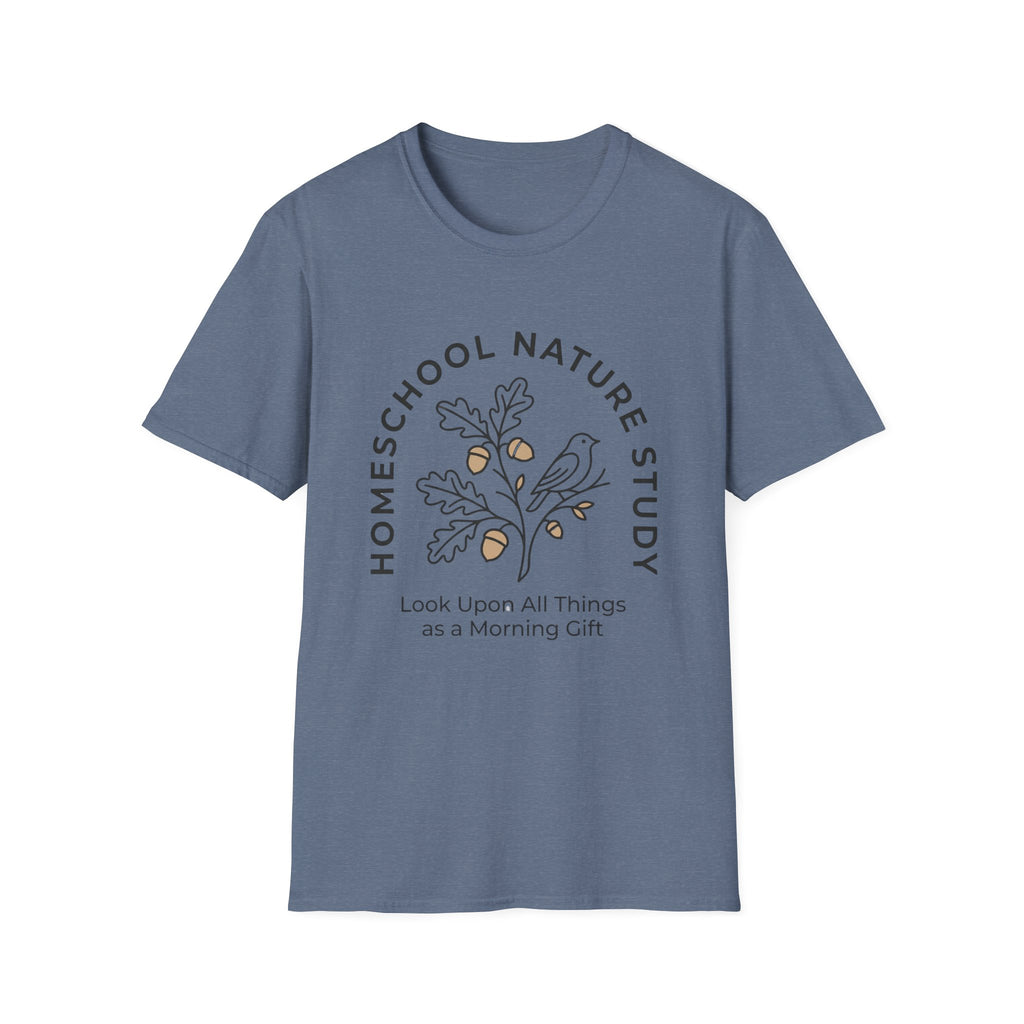 Homeschool Nature Study homeschool mom graphic t-shirt with a Charlotte Mason-inspired design with nature details, bookish elements, and classic homeschool lettering
