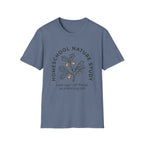 Homeschool Nature Study homeschool mom graphic t-shirt with a Charlotte Mason-inspired design with nature details, bookish elements, and classic homeschool lettering
