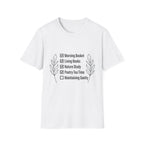 Homeschool Check List homeschool mom graphic t-shirt with a playful checklist-style homeschool graphic with bookish and nature-inspired details