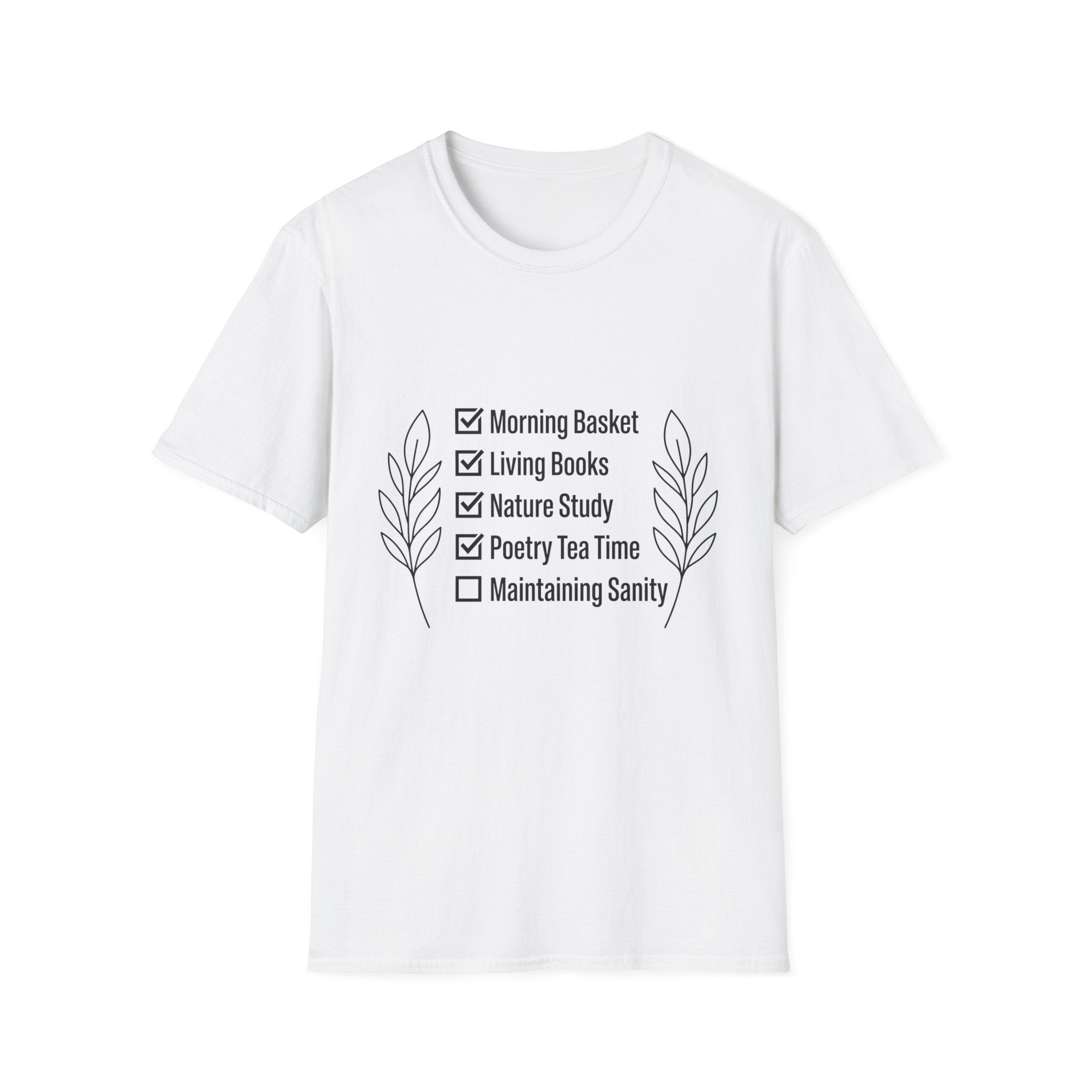Homeschool Check List homeschool mom graphic t-shirt with a playful checklist-style homeschool graphic with bookish and nature-inspired details