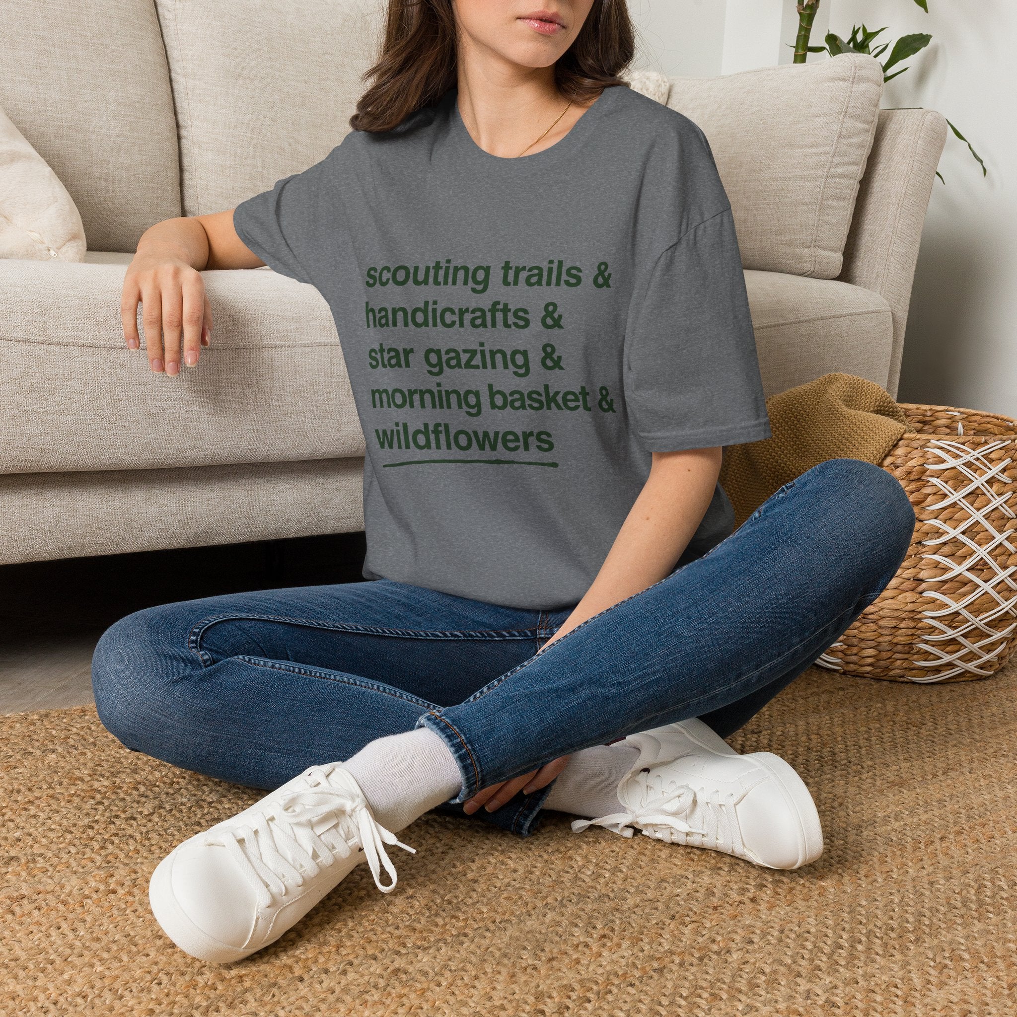 Scouting Trails Check List homeschool mom graphic t-shirt with a playful checklist-style homeschool graphic with bookish and nature-inspired details