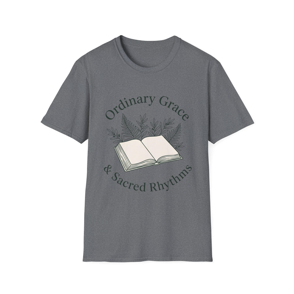 Ordinary Grace homeschool mom graphic t-shirt with a faith-filled homeschool design with gentle lettering and classic illustrative details