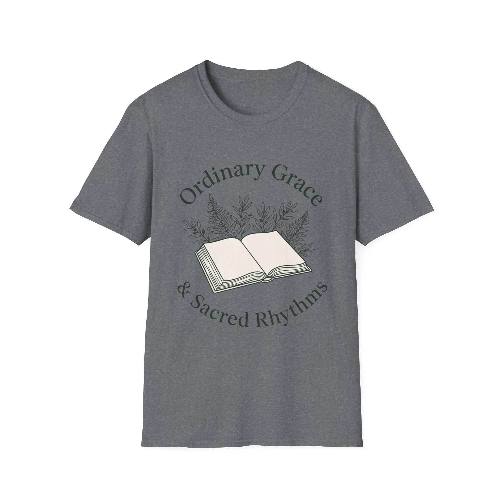 Ordinary Grace homeschool mom graphic t-shirt with a faith-filled homeschool design with gentle lettering and classic illustrative details