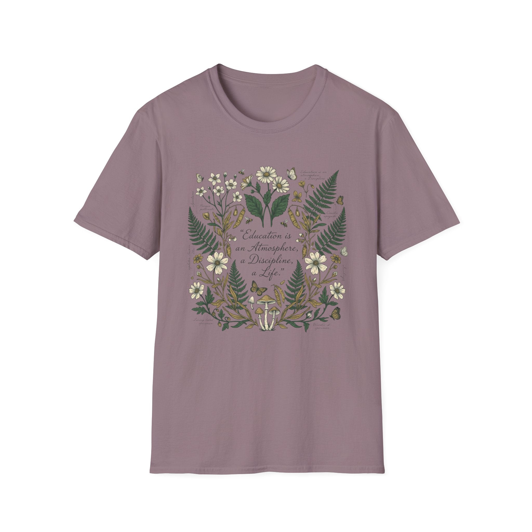 Education Is homeschool mom graphic t-shirt with a Charlotte Mason-inspired design with books, nature details, and vintage homeschool charm