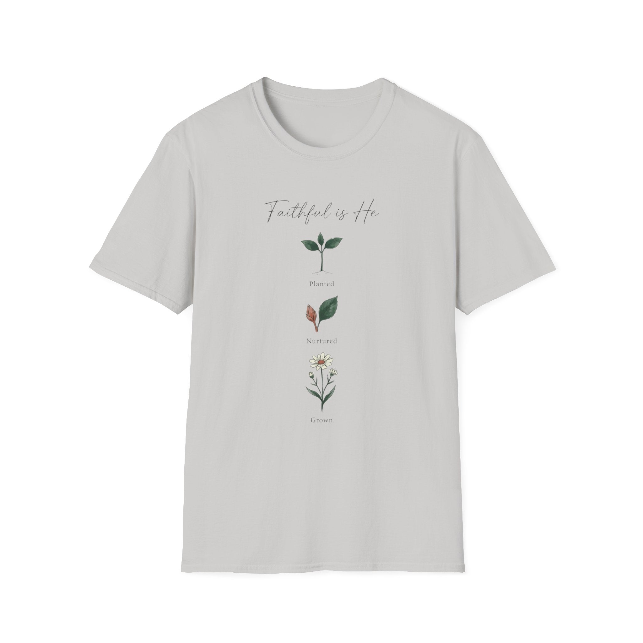 Faithful Is He homeschool mom graphic t-shirt with a faith-filled homeschool design with gentle lettering and classic illustrative details