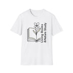 Living Books Nature Study with Flower homeschool mom graphic t-shirt with a Charlotte Mason-inspired design with books, nature details, and vintage homeschool charm