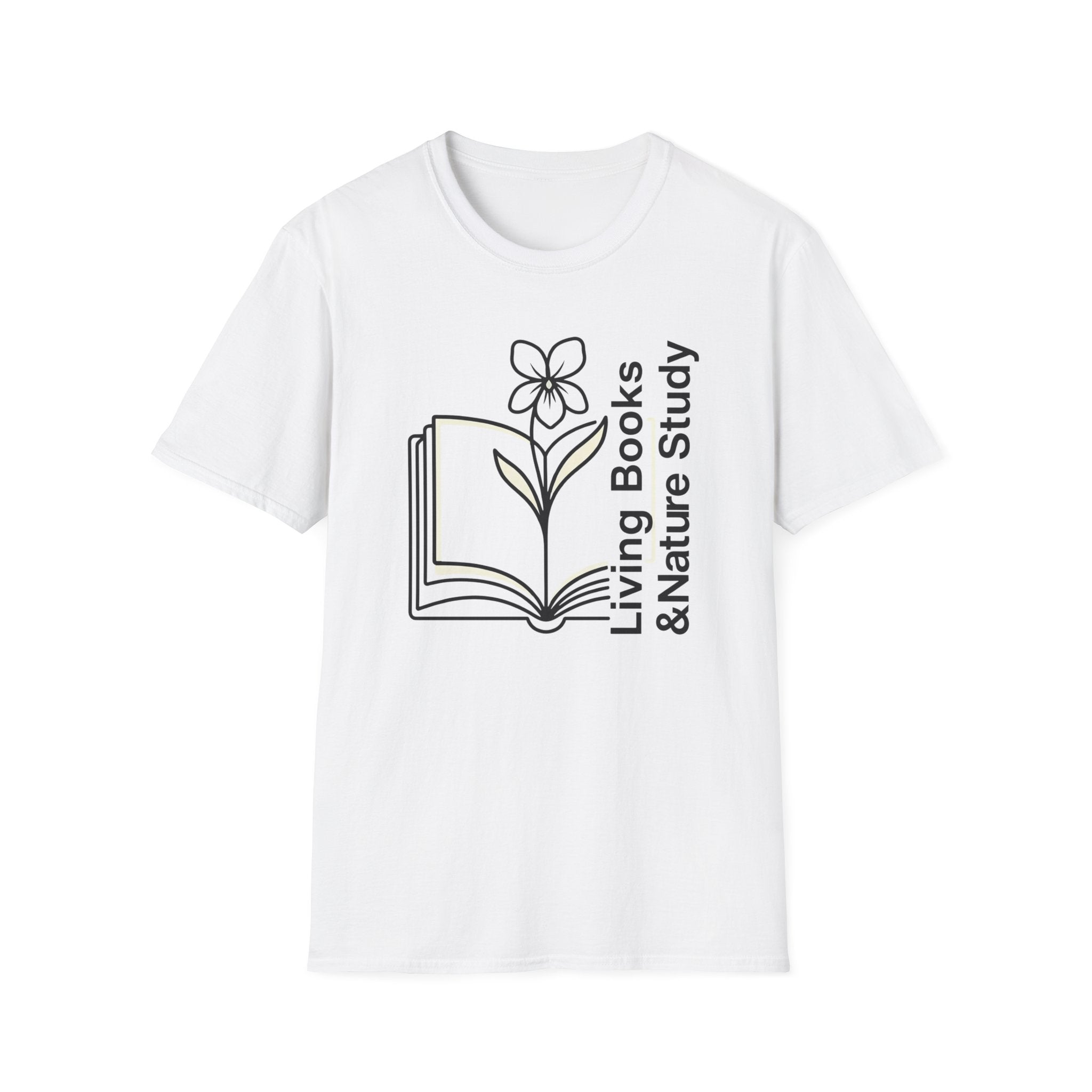 Living Books Nature Study with Flower homeschool mom graphic t-shirt with a Charlotte Mason-inspired design with books, nature details, and vintage homeschool charm