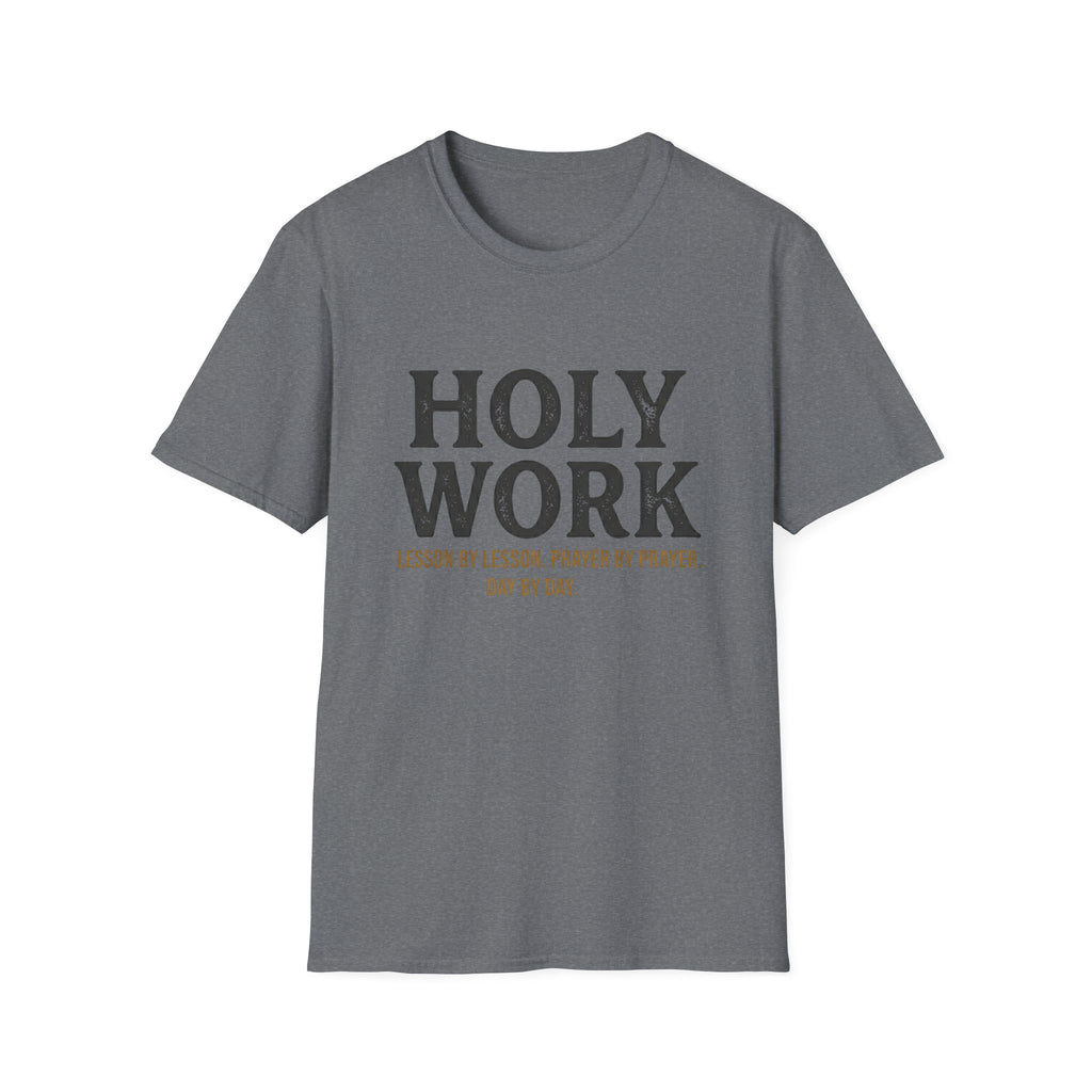 Holy Work homeschool mom graphic t-shirt with a faith-filled homeschool design with gentle lettering and classic illustrative details