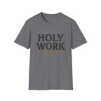 Holy Work homeschool mom graphic t-shirt with a faith-filled homeschool design with gentle lettering and classic illustrative details