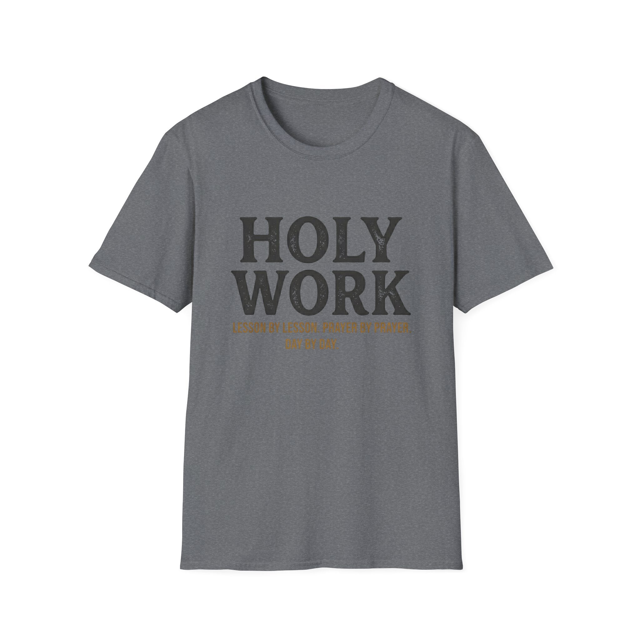 Holy Work homeschool mom graphic t-shirt with a faith-filled homeschool design with gentle lettering and classic illustrative details