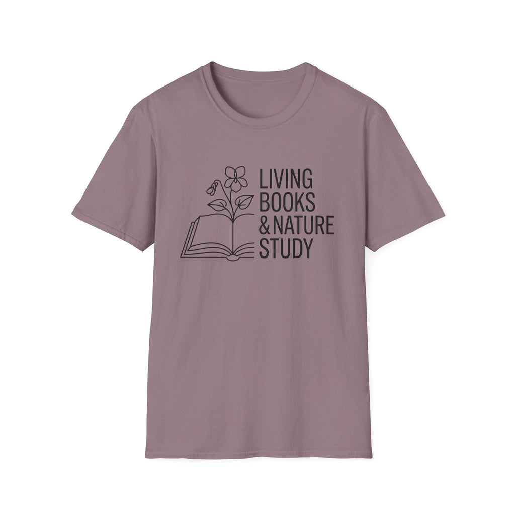 Living Books and Nature Study homeschool mom graphic t-shirt with a Charlotte Mason-inspired design with books, nature details, and vintage homeschool charm
