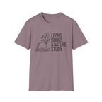 Living Books and Nature Study homeschool mom graphic t-shirt with a Charlotte Mason-inspired design with books, nature details, and vintage homeschool charm