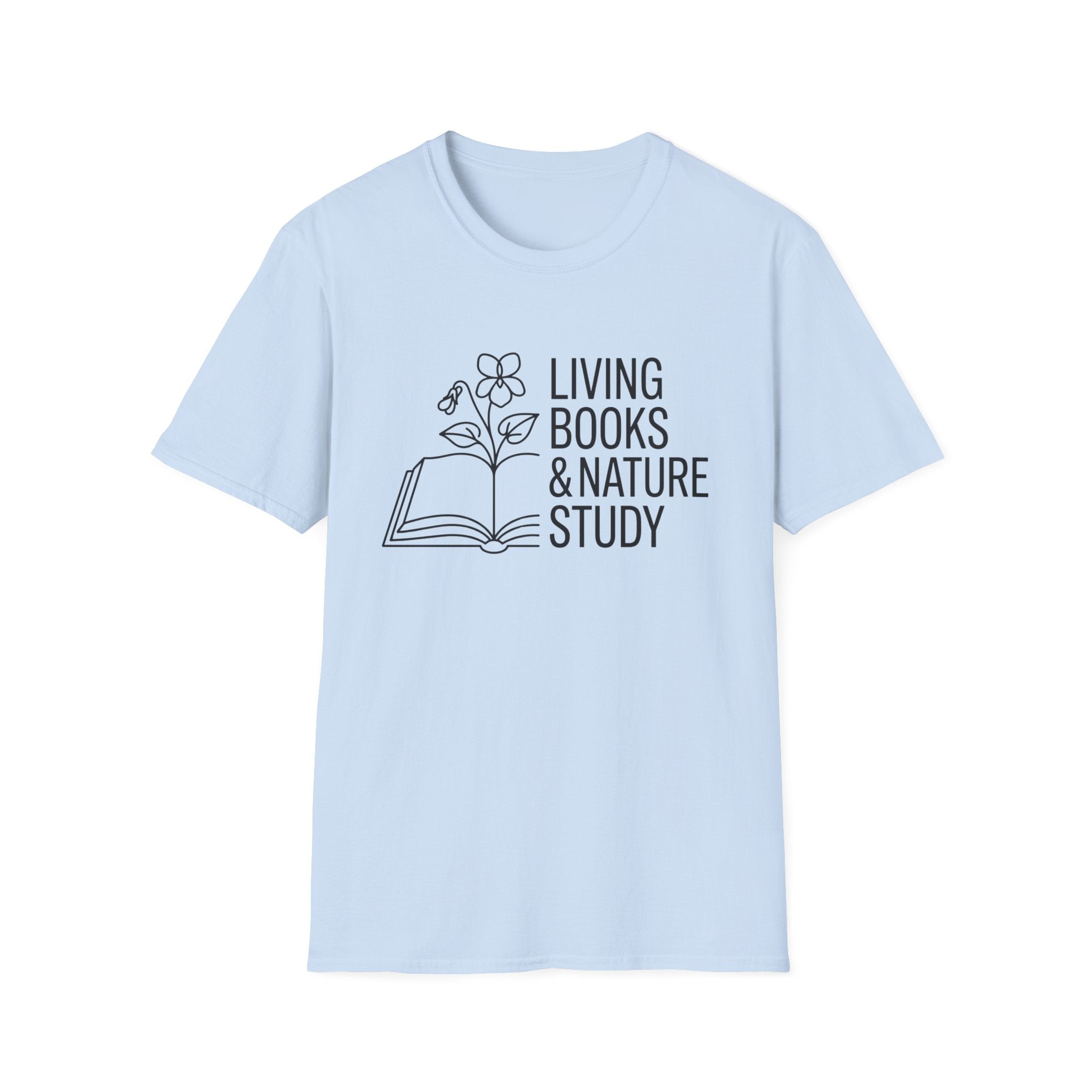 Living Books and Nature Study homeschool mom graphic t-shirt with a Charlotte Mason-inspired design with books, nature details, and vintage homeschool charm