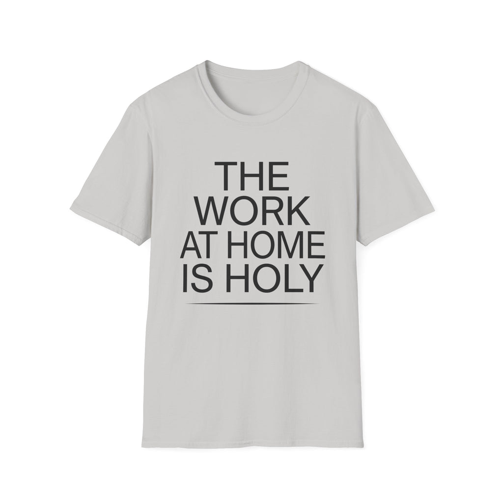 Work At Home Is Holy homeschool mom graphic t-shirt with a gathered-at-home inspired graphic with books, florals, and cozy family learning details