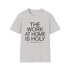 Work At Home Is Holy homeschool mom graphic t-shirt with a gathered-at-home inspired graphic with books, florals, and cozy family learning details