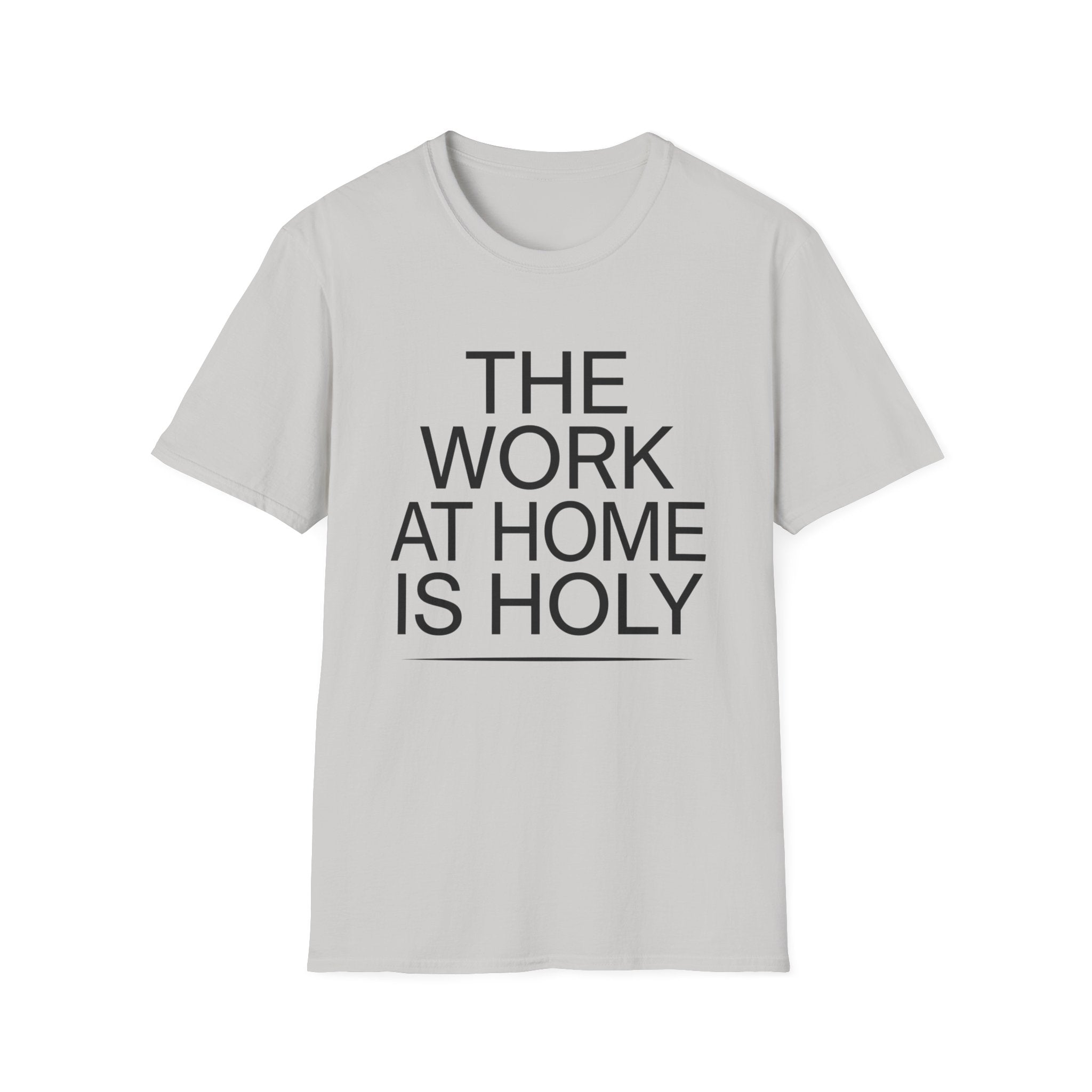 Work At Home Is Holy homeschool mom graphic t-shirt with a gathered-at-home inspired graphic with books, florals, and cozy family learning details