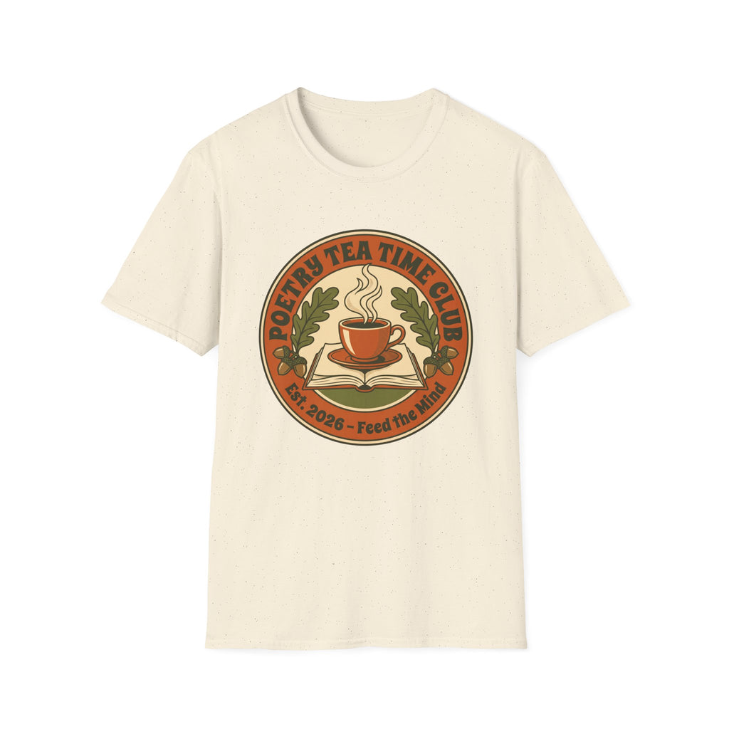 Poetry Tea Time Club homeschool mom graphic t-shirt with a cozy poetry teatime graphic with tea, books, and vintage homeschool charm