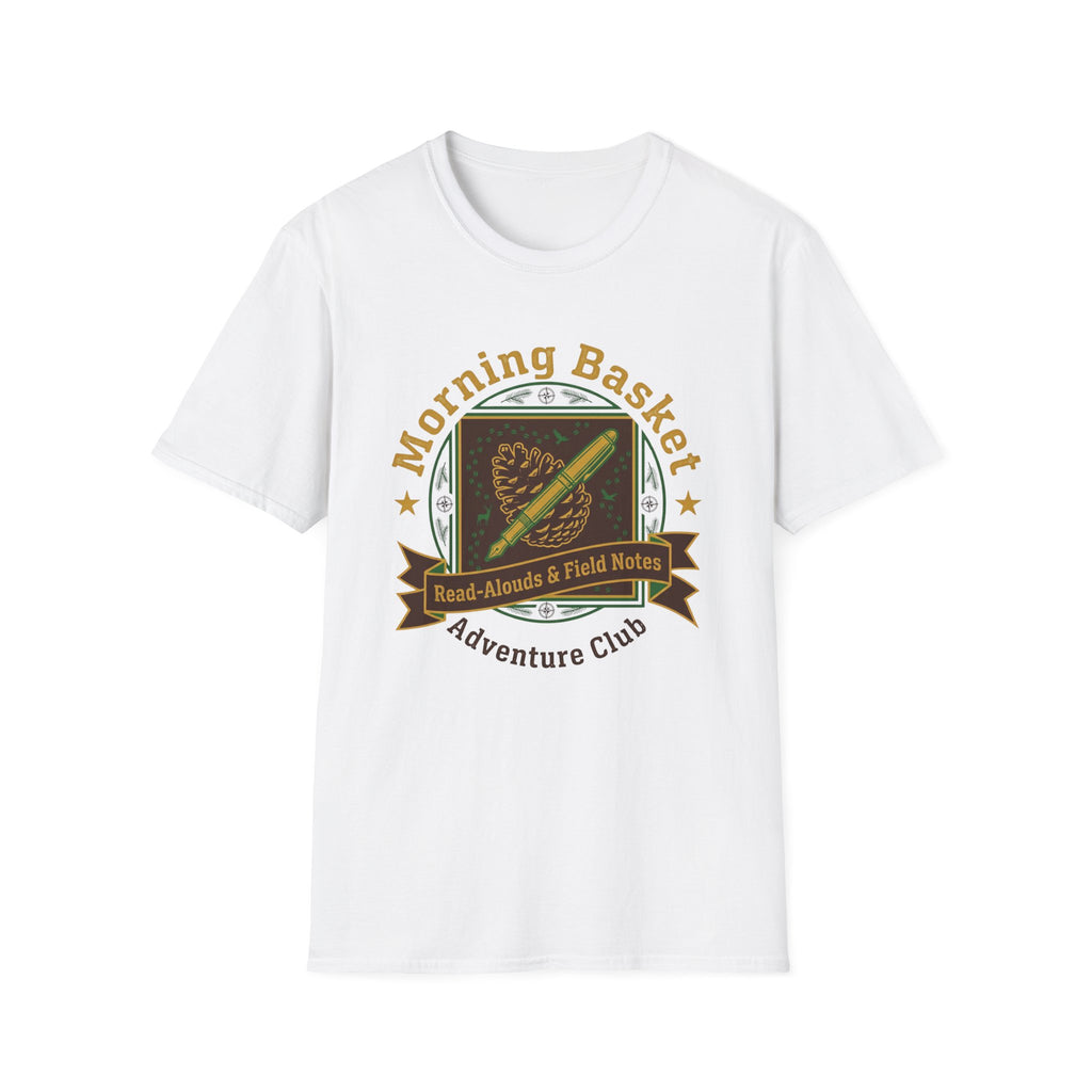 Morning Basket Adventure Club homeschool mom graphic t-shirt with a cozy morning basket-inspired design with books, gentle details, and home learning charm