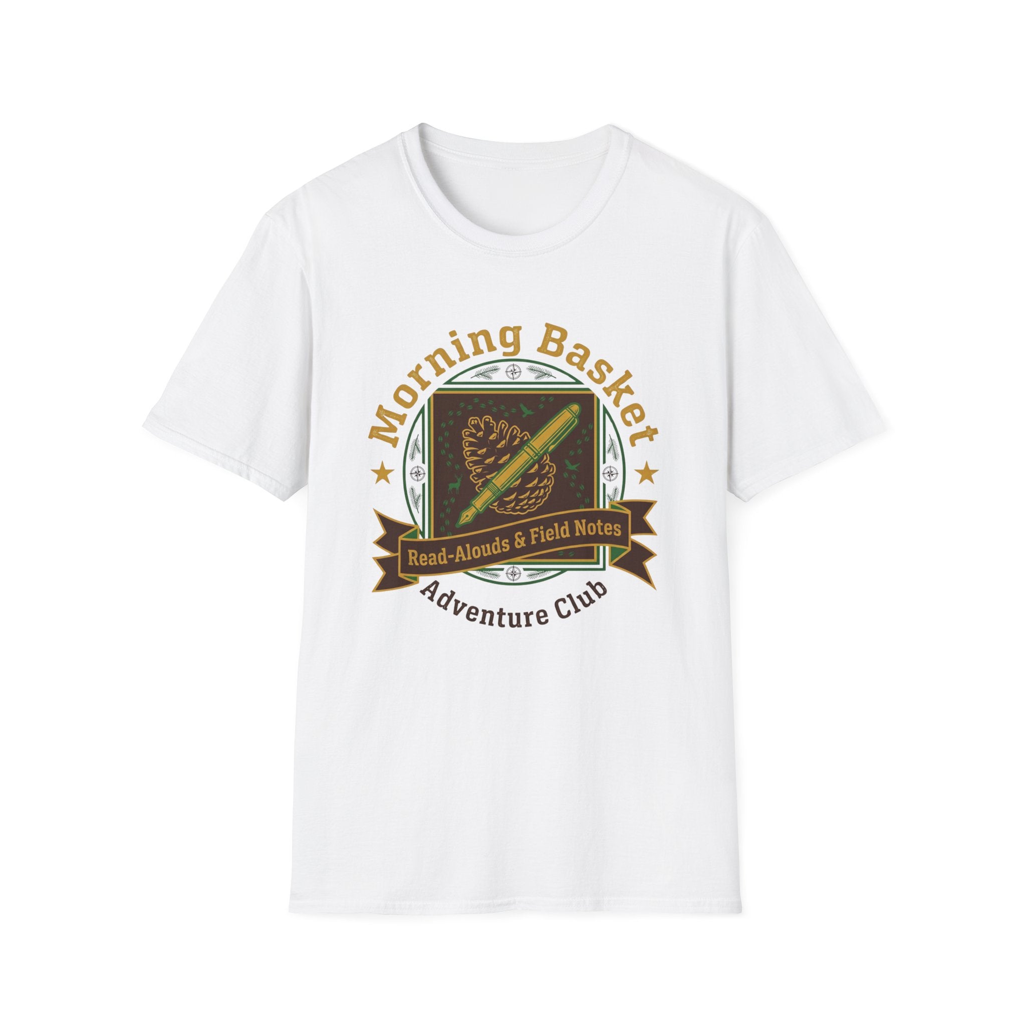 Morning Basket Adventure Club homeschool mom graphic t-shirt with a cozy morning basket-inspired design with books, gentle details, and home learning charm
