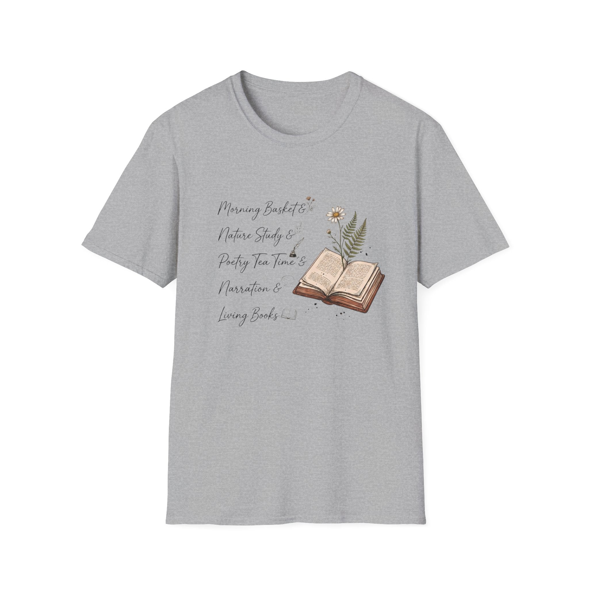 CM Homeschool Check List homeschool mom graphic t-shirt with a playful checklist-style homeschool graphic with bookish and nature-inspired details