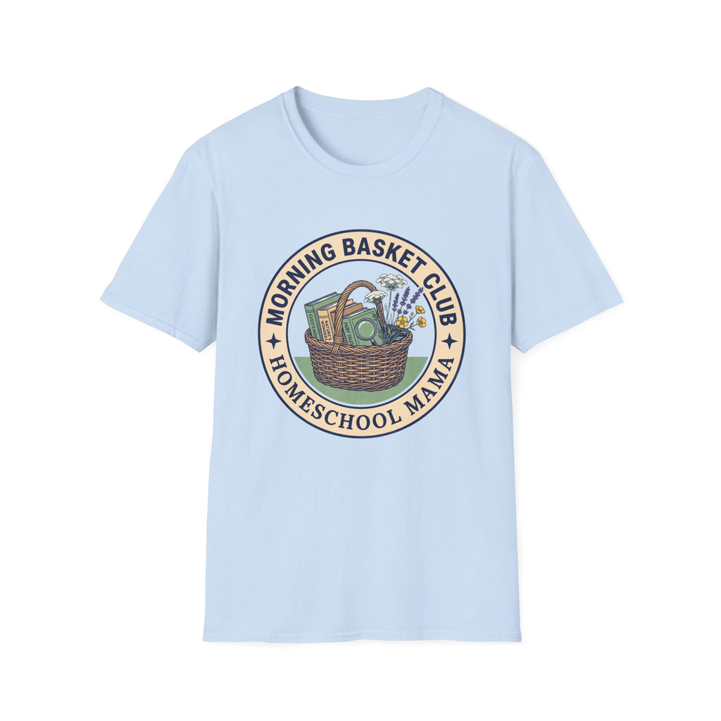 Morning Basket Club homeschool mom graphic t-shirt with a cozy morning basket-inspired design with books, gentle details, and home learning charm