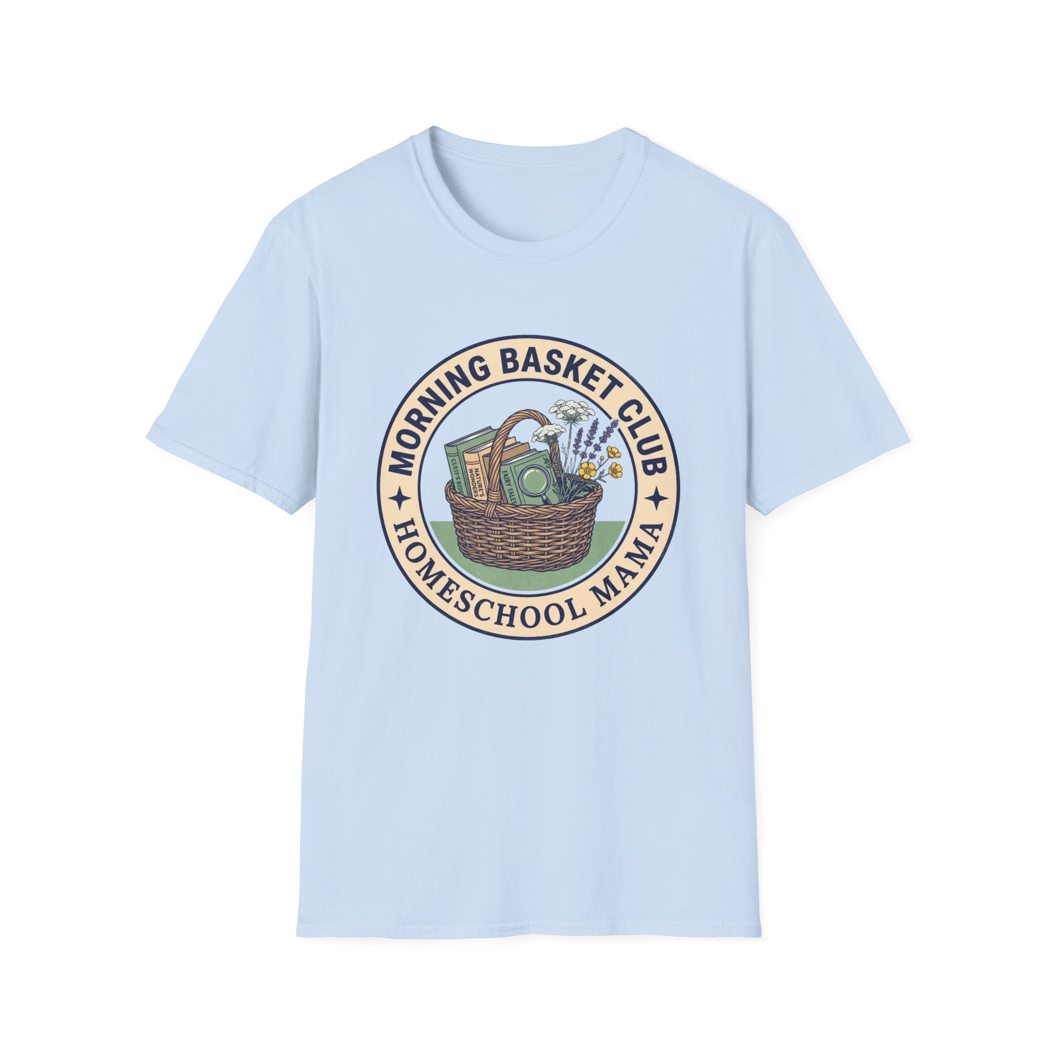Morning Basket Club homeschool mom graphic t-shirt with a cozy morning basket-inspired design with books, gentle details, and home learning charm