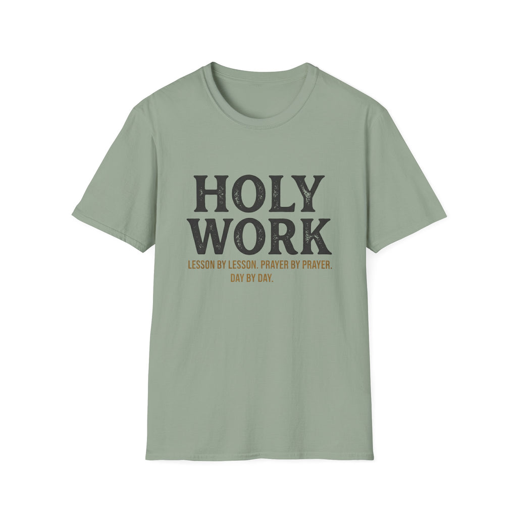Holy Work homeschool mom graphic t-shirt with a faith-filled homeschool design with gentle lettering and classic illustrative details