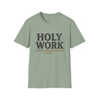 Holy Work homeschool mom graphic t-shirt with a faith-filled homeschool design with gentle lettering and classic illustrative details
