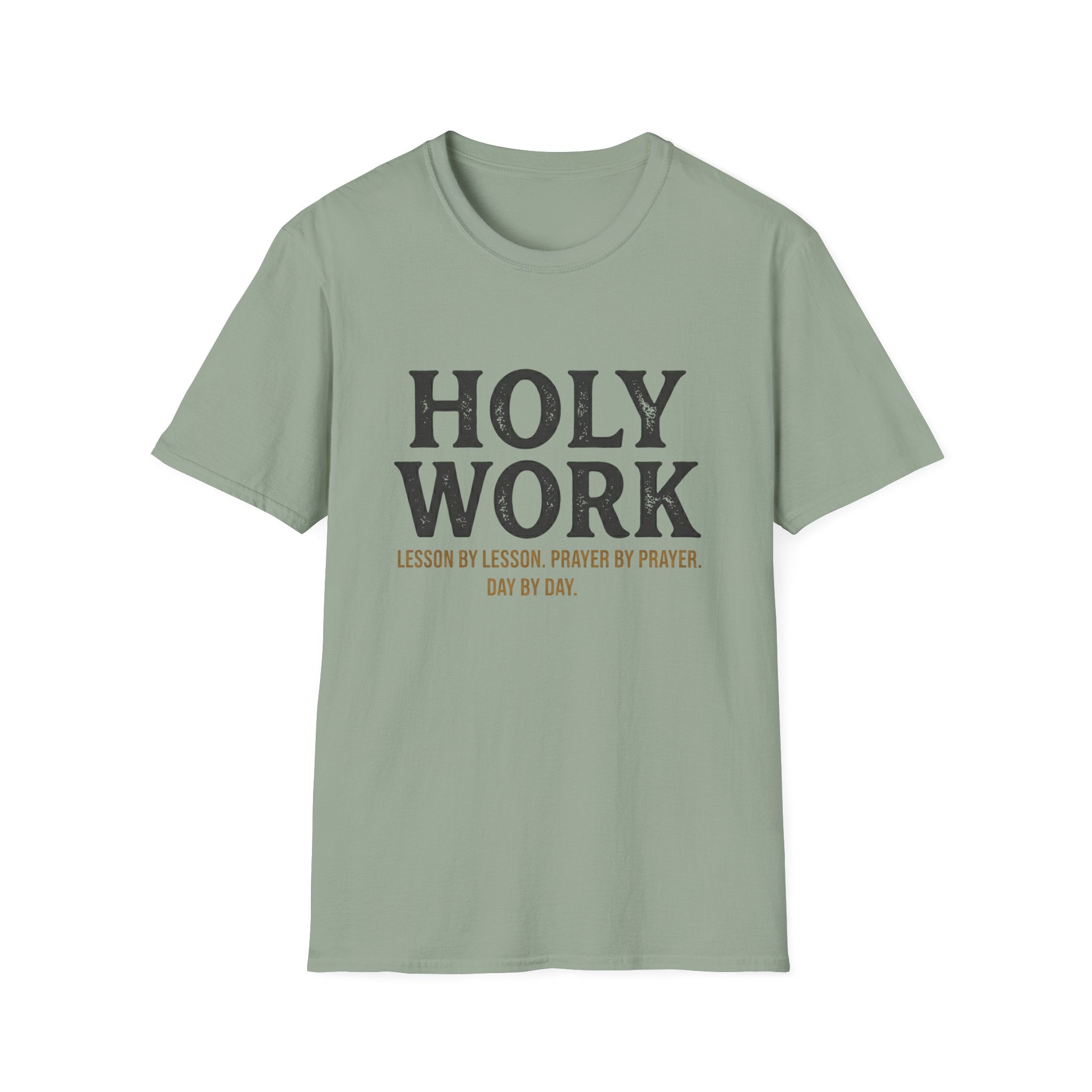 Holy Work homeschool mom graphic t-shirt with a faith-filled homeschool design with gentle lettering and classic illustrative details