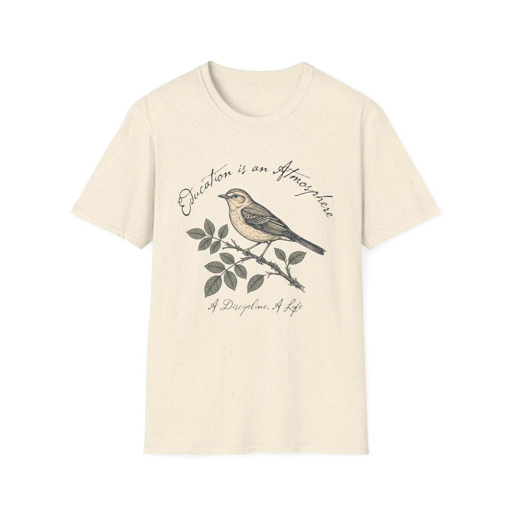 Education Is An Atmosphere T Shirt homeschool mom graphic t-shirt with a Charlotte Mason-inspired design with books, nature details, and vintage homeschool charm