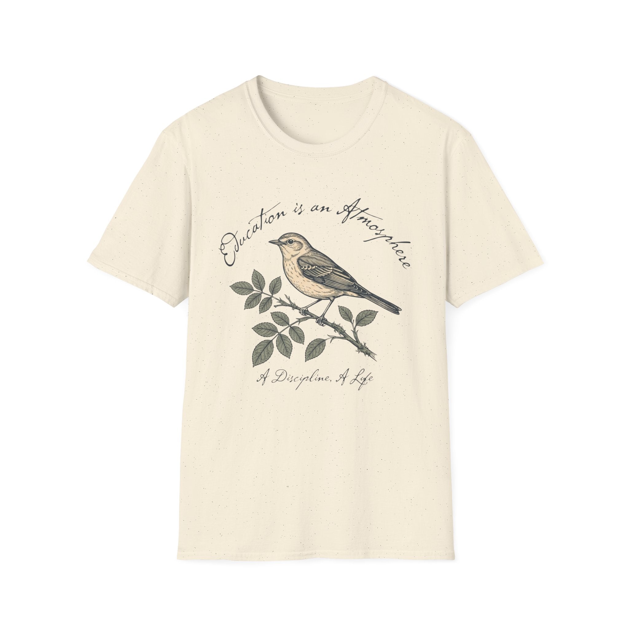 Education Is An Atmosphere T Shirt homeschool mom graphic t-shirt with a Charlotte Mason-inspired design with books, nature details, and vintage homeschool charm