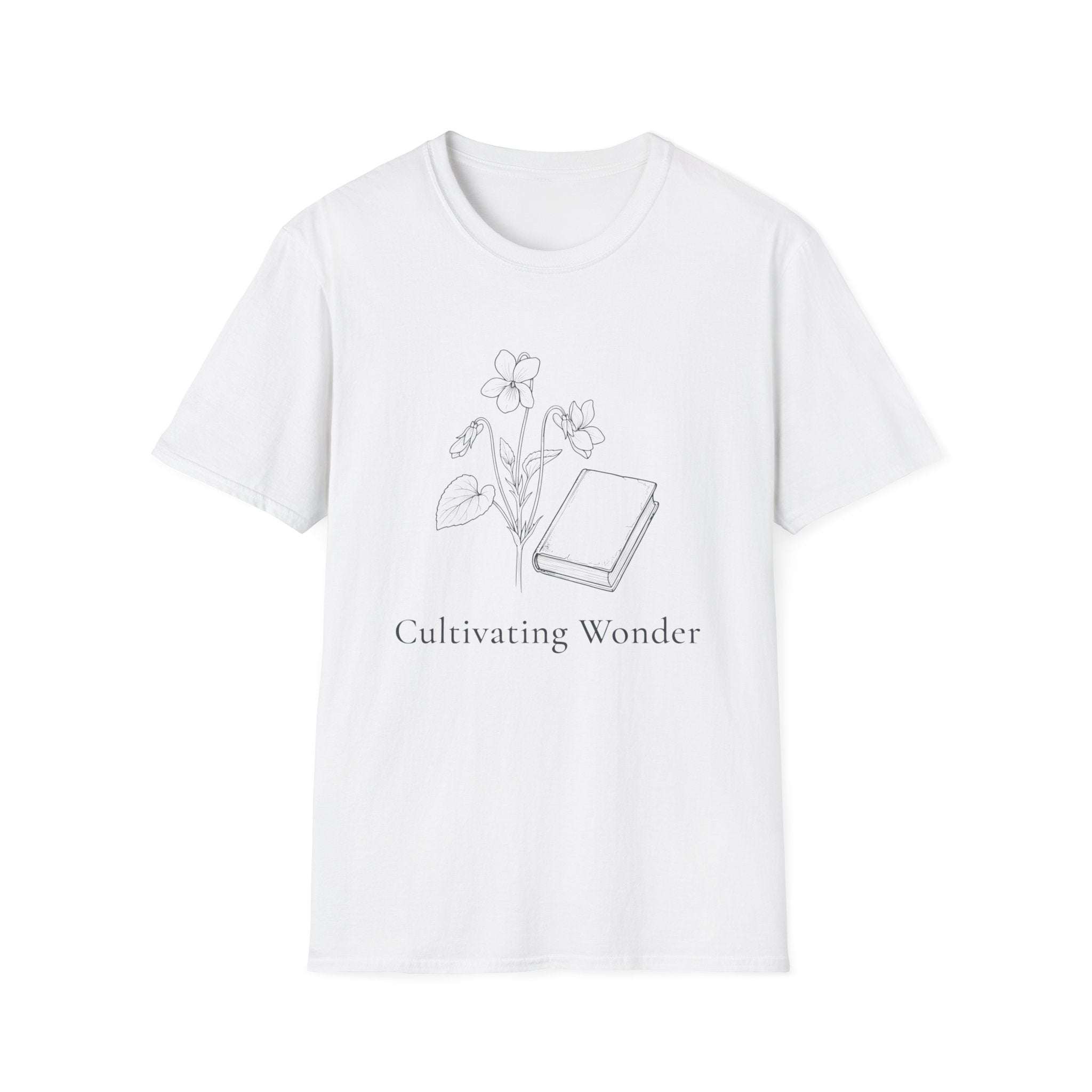 Cultivating Wonder with Flowers homeschool mom graphic t-shirt with a Charlotte Mason-inspired design with books, nature details, and vintage homeschool charm