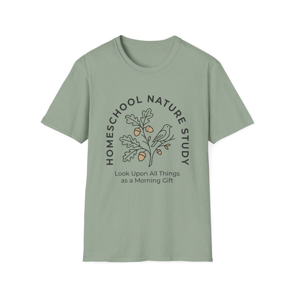 Homeschool Nature Study homeschool mom graphic t-shirt with a Charlotte Mason-inspired design with nature details, bookish elements, and classic homeschool lettering