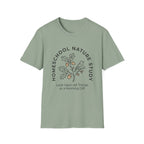 Homeschool Nature Study homeschool mom graphic t-shirt with a Charlotte Mason-inspired design with nature details, bookish elements, and classic homeschool lettering