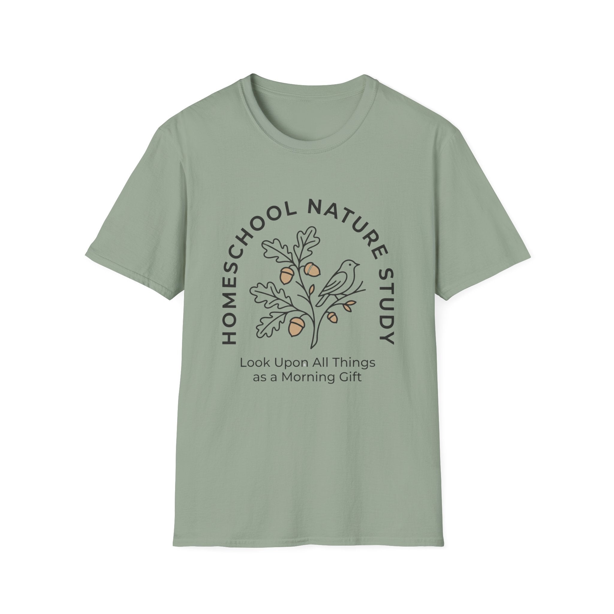 Homeschool Nature Study homeschool mom graphic t-shirt with a Charlotte Mason-inspired design with nature details, bookish elements, and classic homeschool lettering