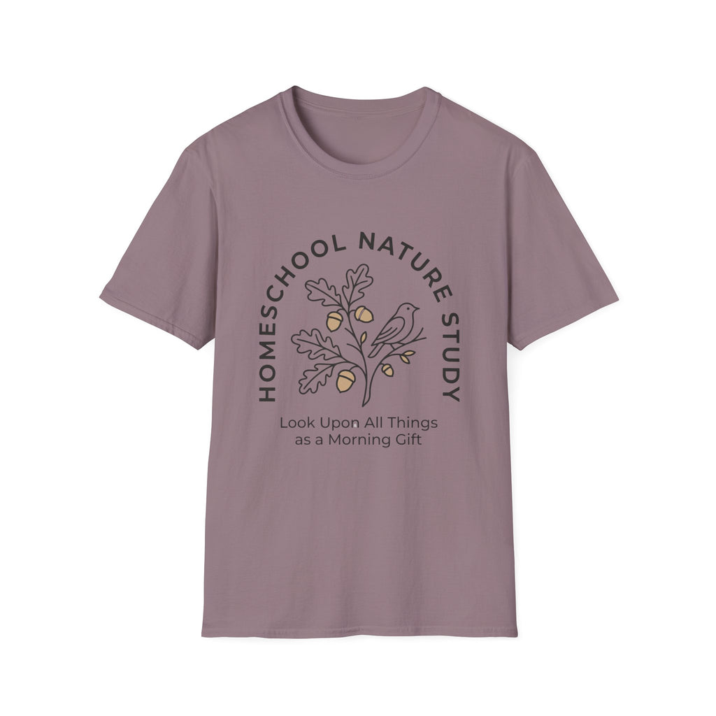 Homeschool Nature Study homeschool mom graphic t-shirt with a Charlotte Mason-inspired design with nature details, bookish elements, and classic homeschool lettering