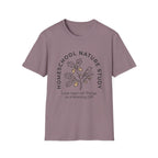 Homeschool Nature Study homeschool mom graphic t-shirt with a Charlotte Mason-inspired design with nature details, bookish elements, and classic homeschool lettering