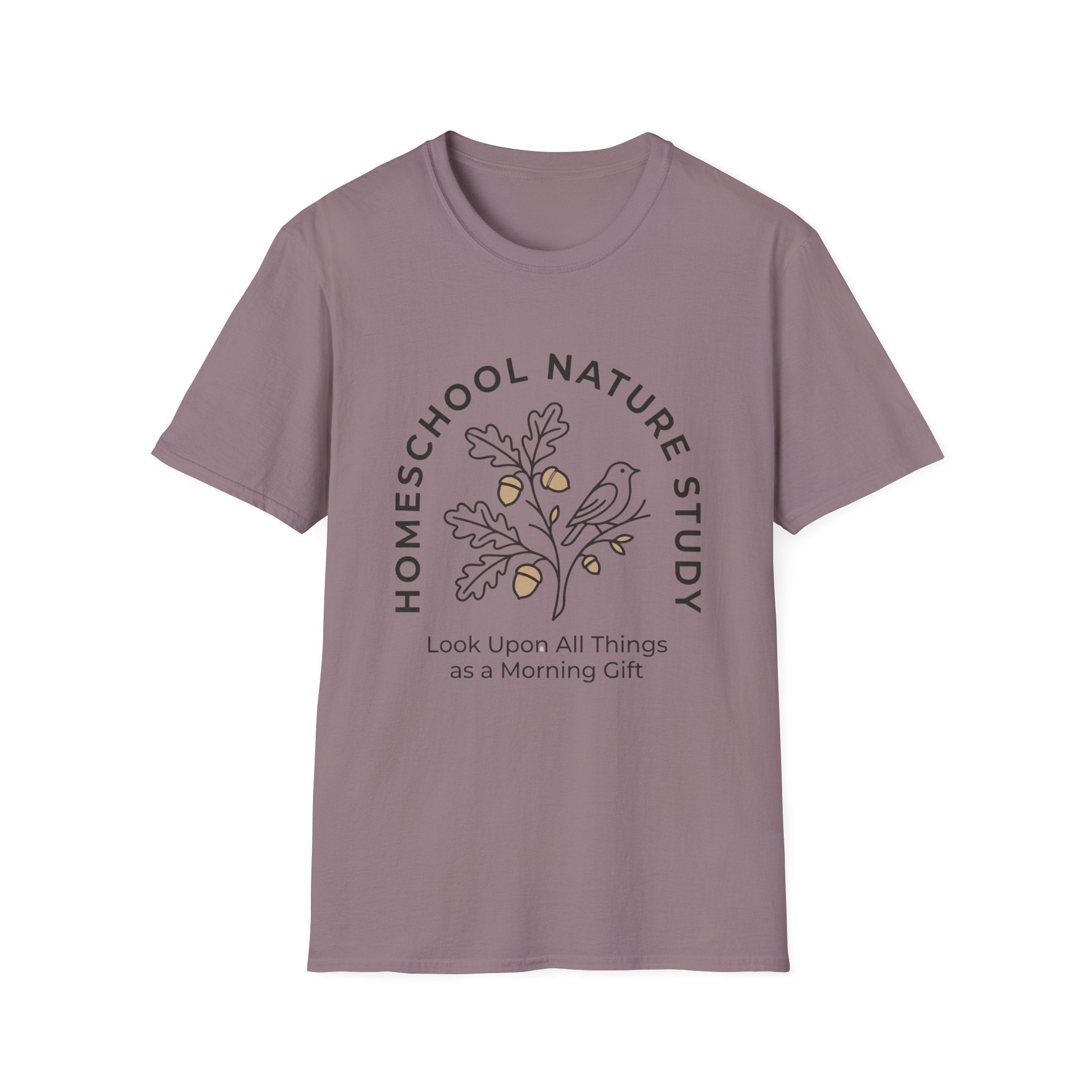 Homeschool Nature Study homeschool mom graphic t-shirt with a Charlotte Mason-inspired design with nature details, bookish elements, and classic homeschool lettering