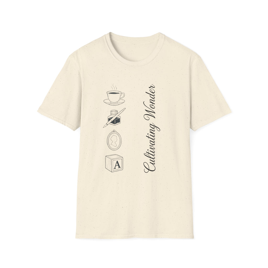 Cultivating Wonder homeschool mom graphic t-shirt with a Charlotte Mason-inspired design with books, nature details, and vintage homeschool charm
