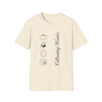 Cultivating Wonder homeschool mom graphic t-shirt with a Charlotte Mason-inspired design with books, nature details, and vintage homeschool charm
