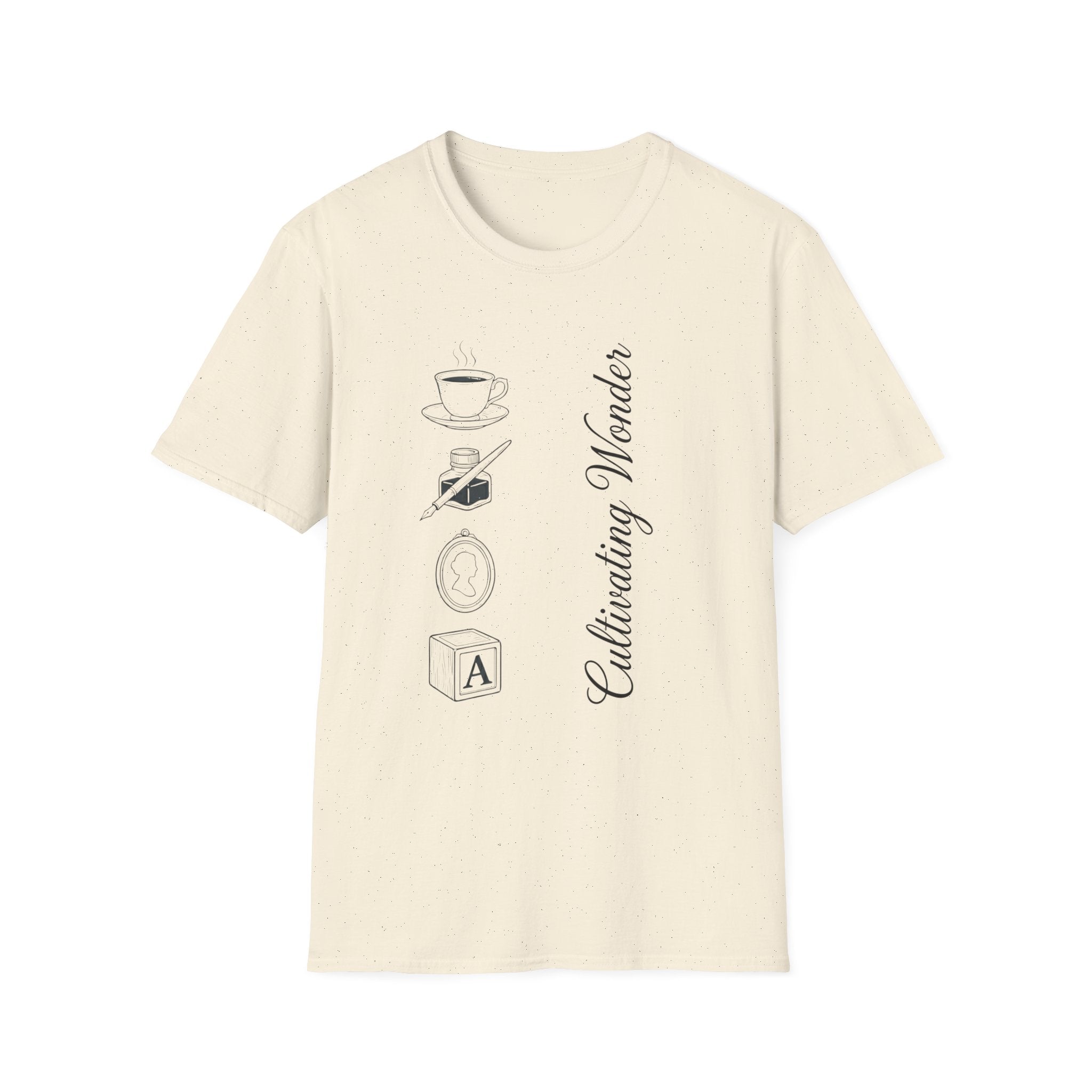 Cultivating Wonder homeschool mom graphic t-shirt with a Charlotte Mason-inspired design with books, nature details, and vintage homeschool charm