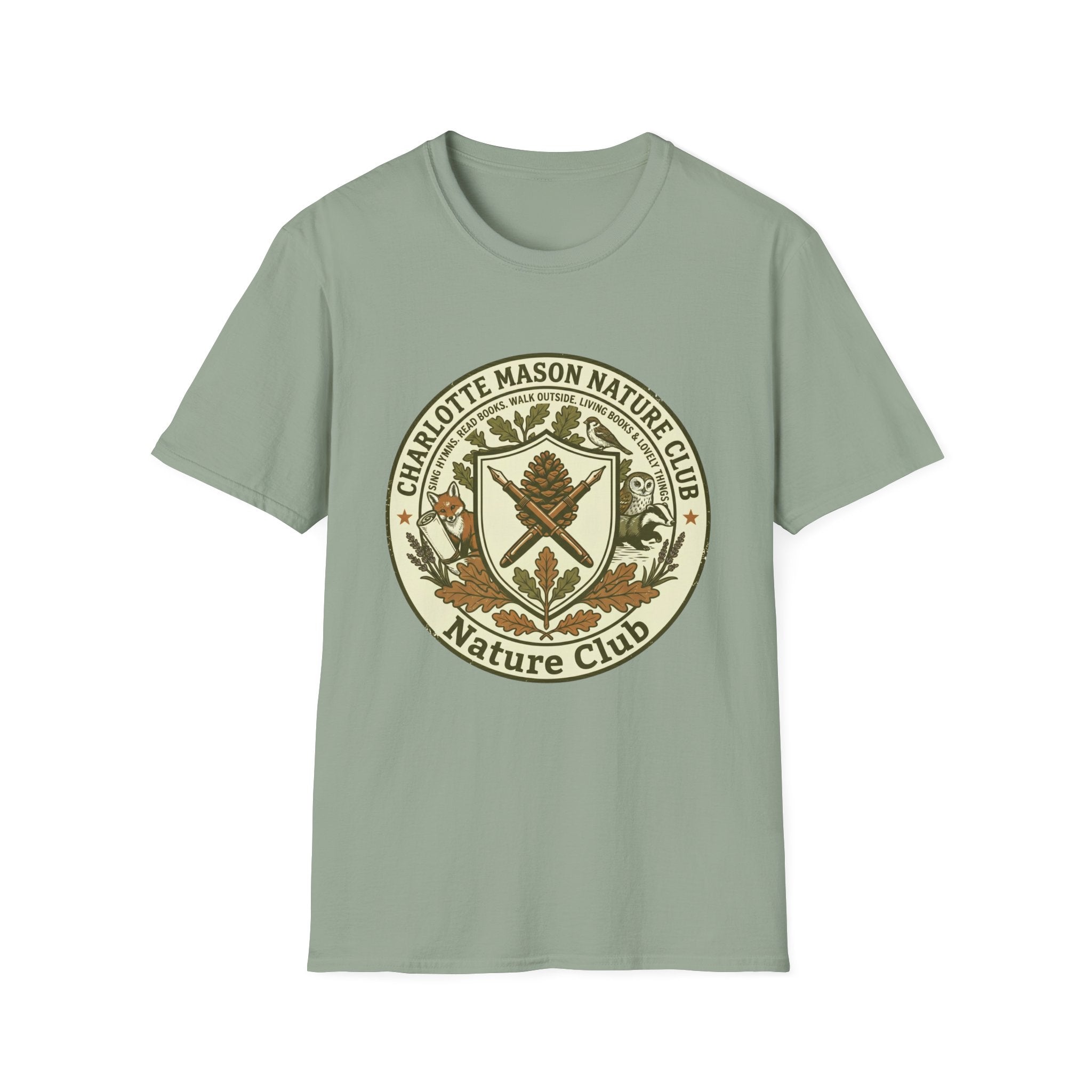 Charlotte Mason Nature Club homeschool mom graphic t-shirt with a Charlotte Mason-inspired design with books, nature details, and vintage homeschool charm