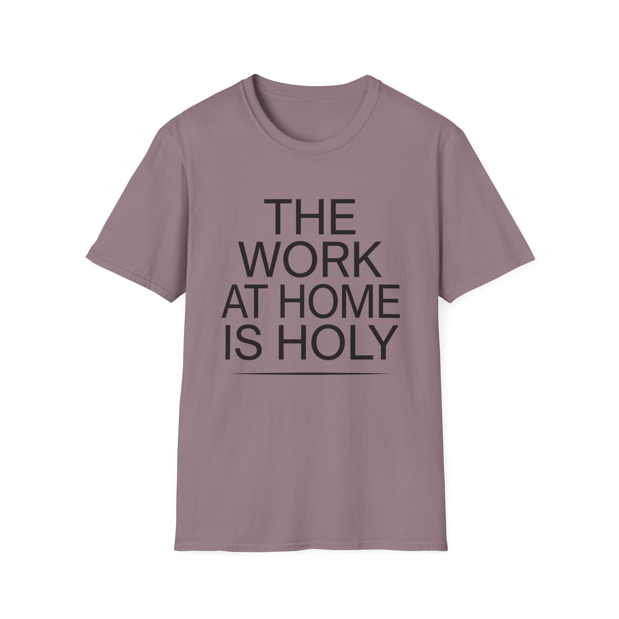 Work At Home Is Holy homeschool mom graphic t-shirt with a gathered-at-home inspired graphic with books, florals, and cozy family learning details