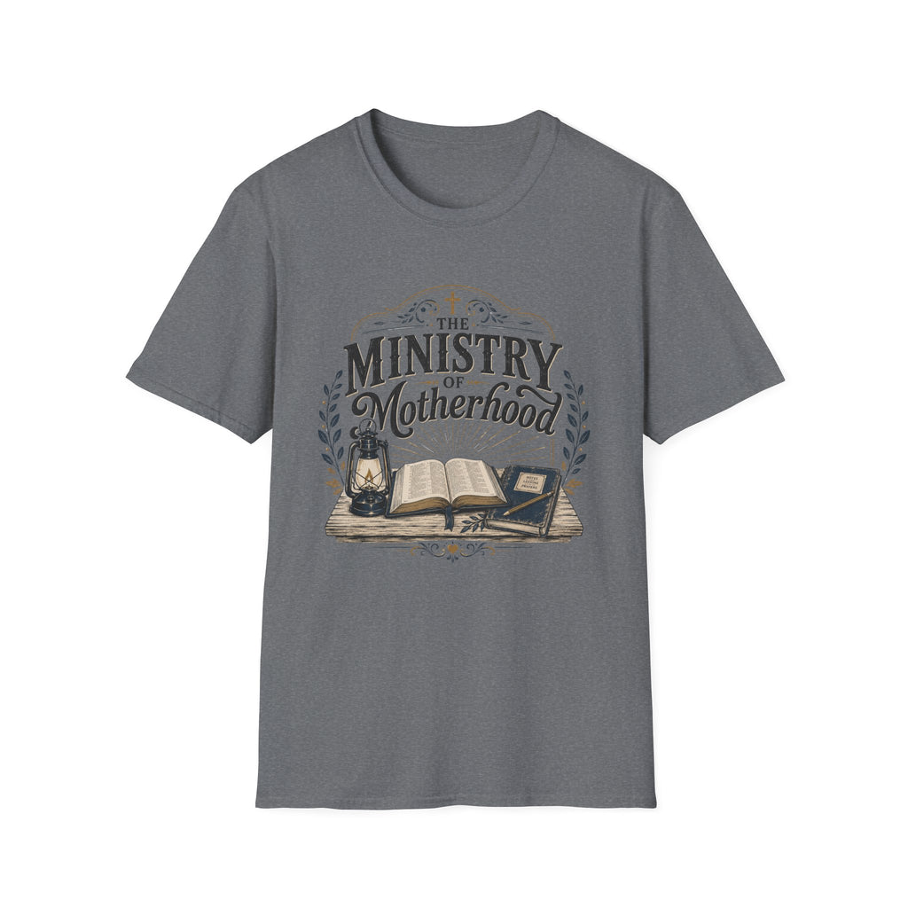 The Ministry Of Motherhood homeschool mom graphic t-shirt with a faith-filled homeschool design with gentle lettering and classic illustrative details