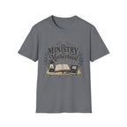 The Ministry Of Motherhood homeschool mom graphic t-shirt with a faith-filled homeschool design with gentle lettering and classic illustrative details