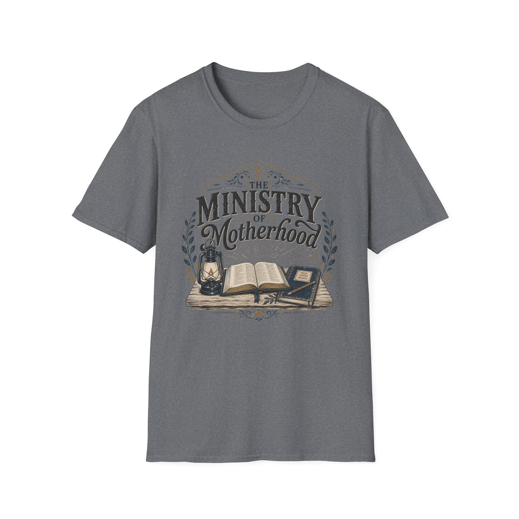The Ministry Of Motherhood homeschool mom graphic t-shirt with a faith-filled homeschool design with gentle lettering and classic illustrative details