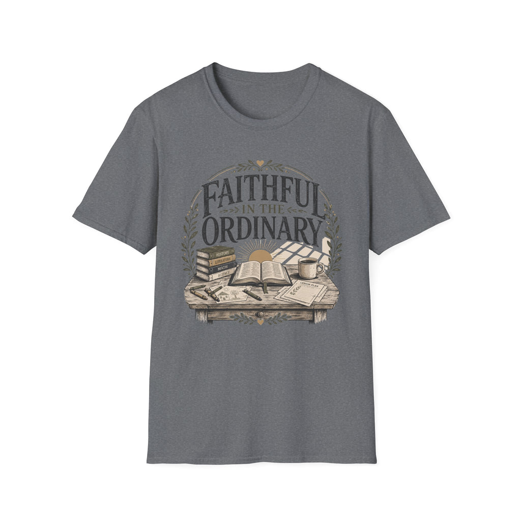 Faithful In The Ordinary homeschool mom graphic t-shirt with a faith-filled homeschool design with gentle lettering and classic illustrative details