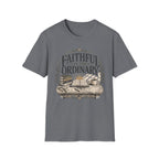 Faithful In The Ordinary homeschool mom graphic t-shirt with a faith-filled homeschool design with gentle lettering and classic illustrative details