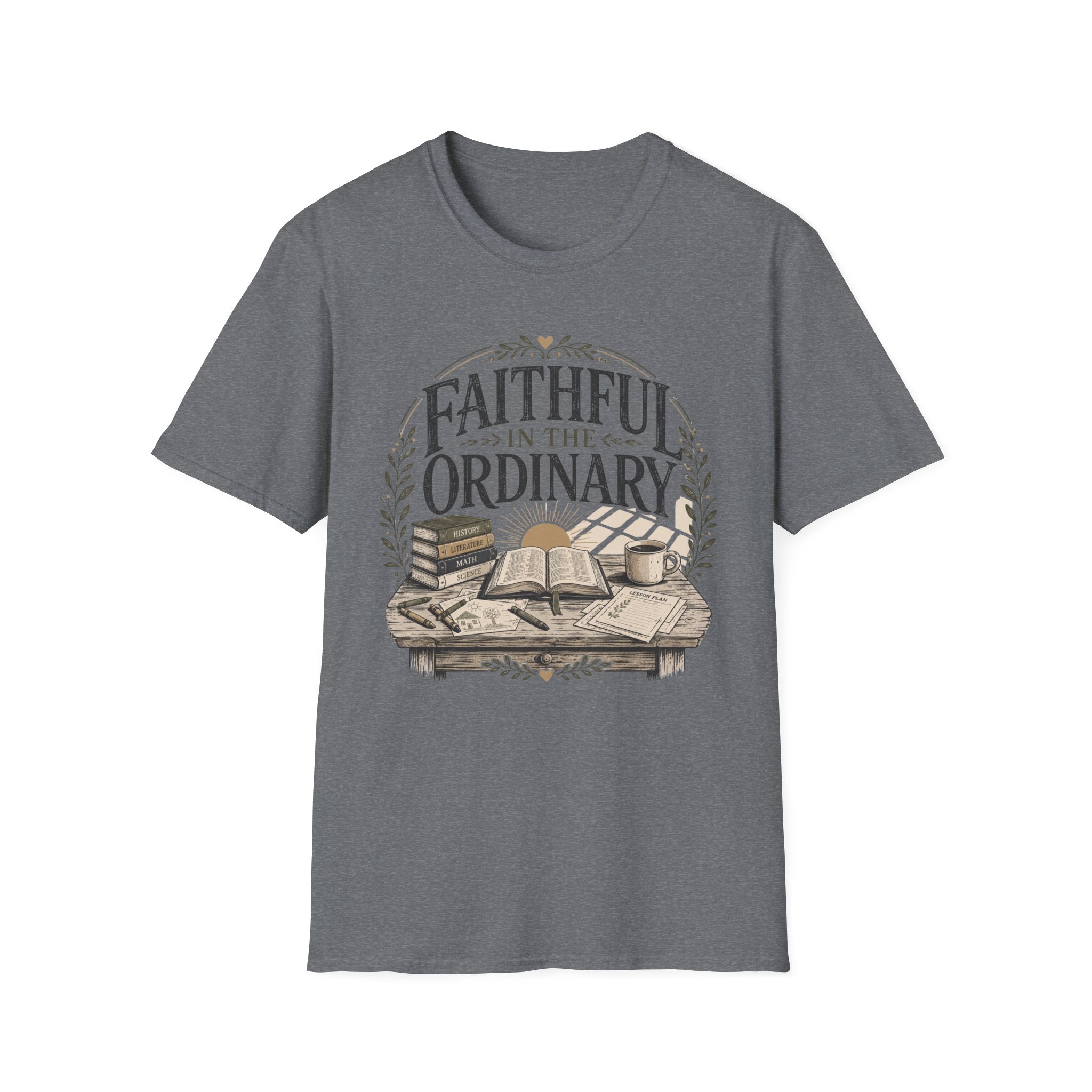 Faithful In The Ordinary homeschool mom graphic t-shirt with a faith-filled homeschool design with gentle lettering and classic illustrative details