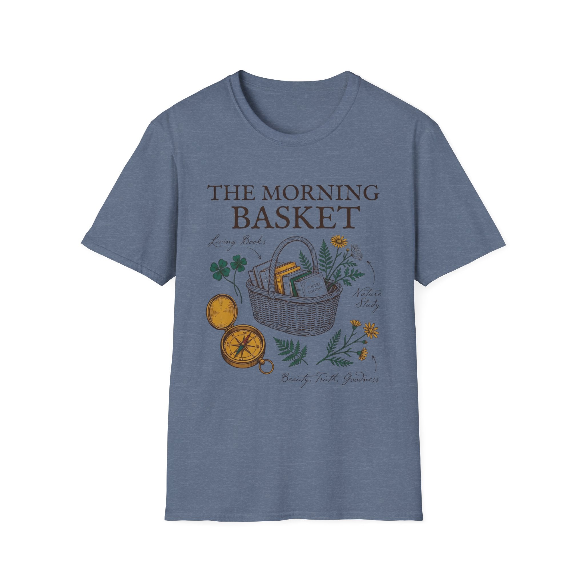 The Morning Basket homeschool mom graphic t-shirt with a cozy morning basket-inspired design with books, gentle details, and home learning charm